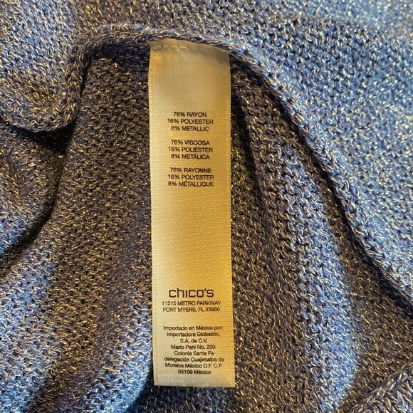 Chico's Women’s Periwinkle Blue Silver Metallic Open Cardigan Sweater - Picture 7 of 7